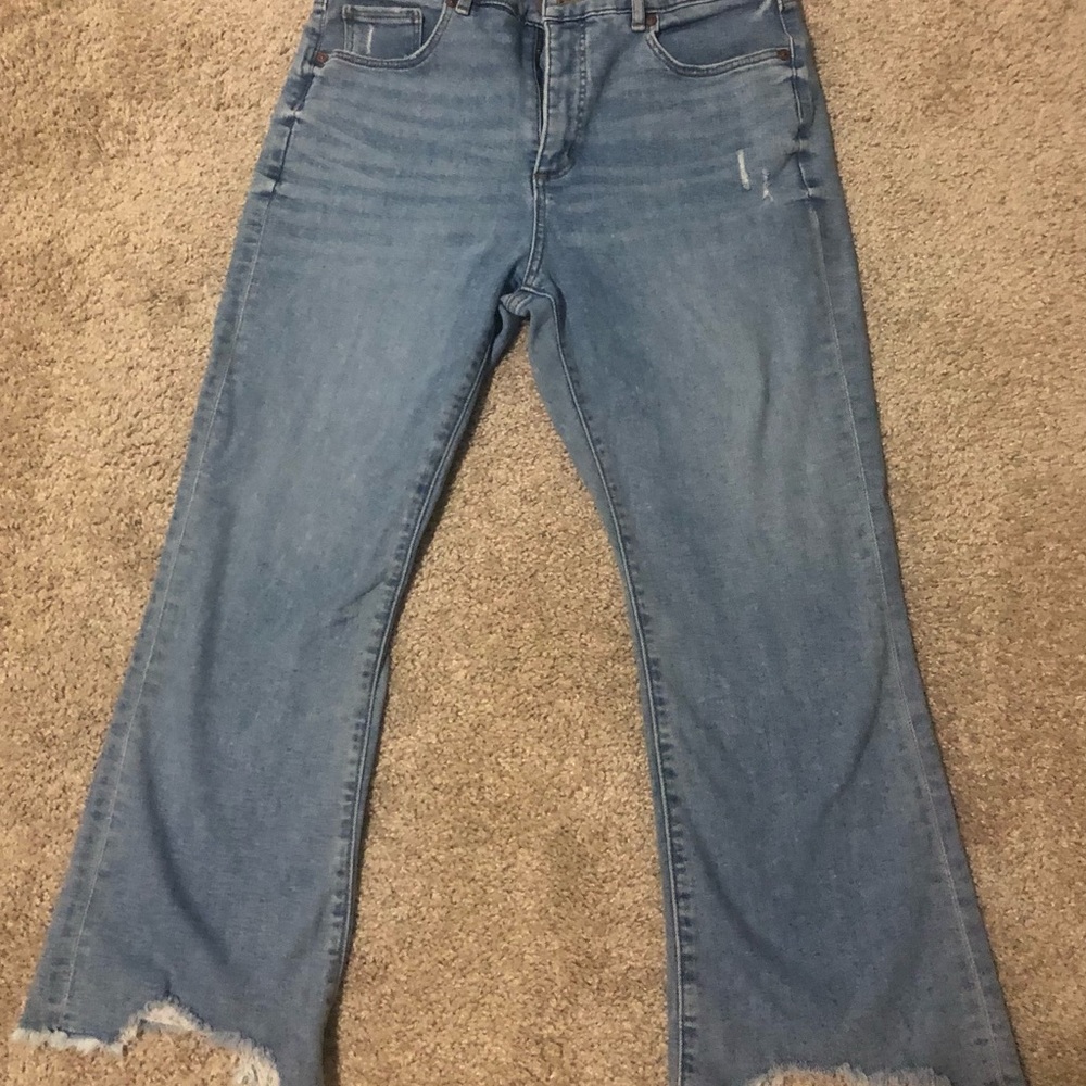 LOFT Blue Flare Wide Leg Jeans with Raw Hem
